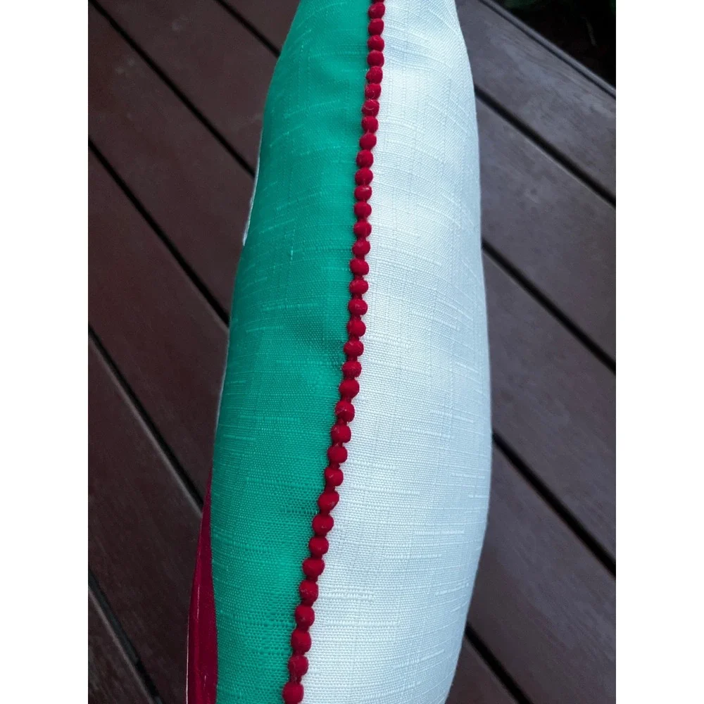 Santa Claus Holly Jolly Christmas Throw Pillow Green Red Pom Pom Trim Accent